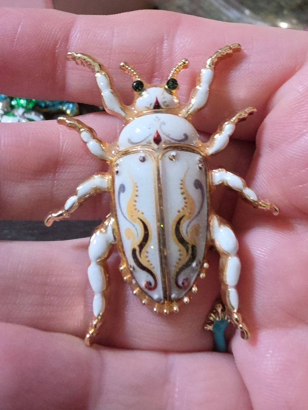 A127- Decorative White and Gold Beetle Brooch Pin